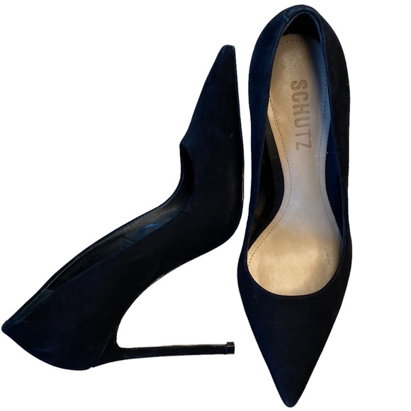 Schutz Lou Pump 4 inch stiletto heel pointed toe low vamp suede black 6.5 - Picture 2 of 16
